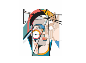 Visage de femme intégrant symboliquement différents handicaps et traversé par des lignes noires créant des obstacles et des ruptures